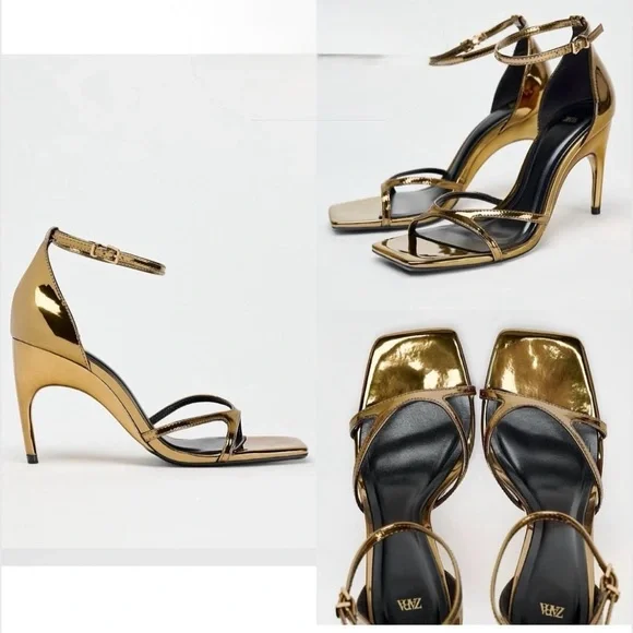 ZARA NWOT OVAL HEELED METALLIC SANDALS - Picture 3 of 6
